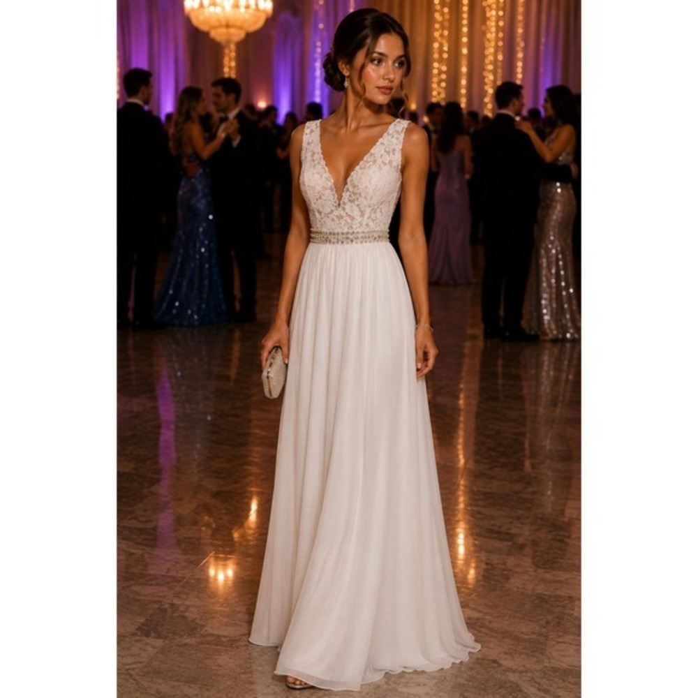 Crystal Doll Y2K White‎ Lace Pearl Beaded Waist Open Back Chiffon Maxi Gown